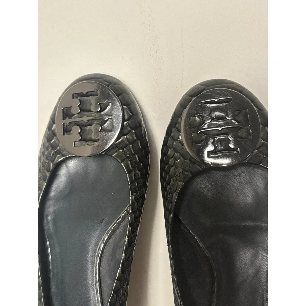 Tory Burch Reva Ballet Flats Snake Embossed Leather Gray 8.5 M Women's Shoes